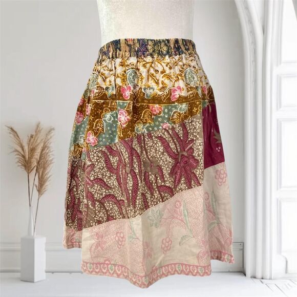Boho Fairy Multicolor Burgundy Floral Whimsical Patchwork Mini Midi Skirt L - Picture 1 of 8